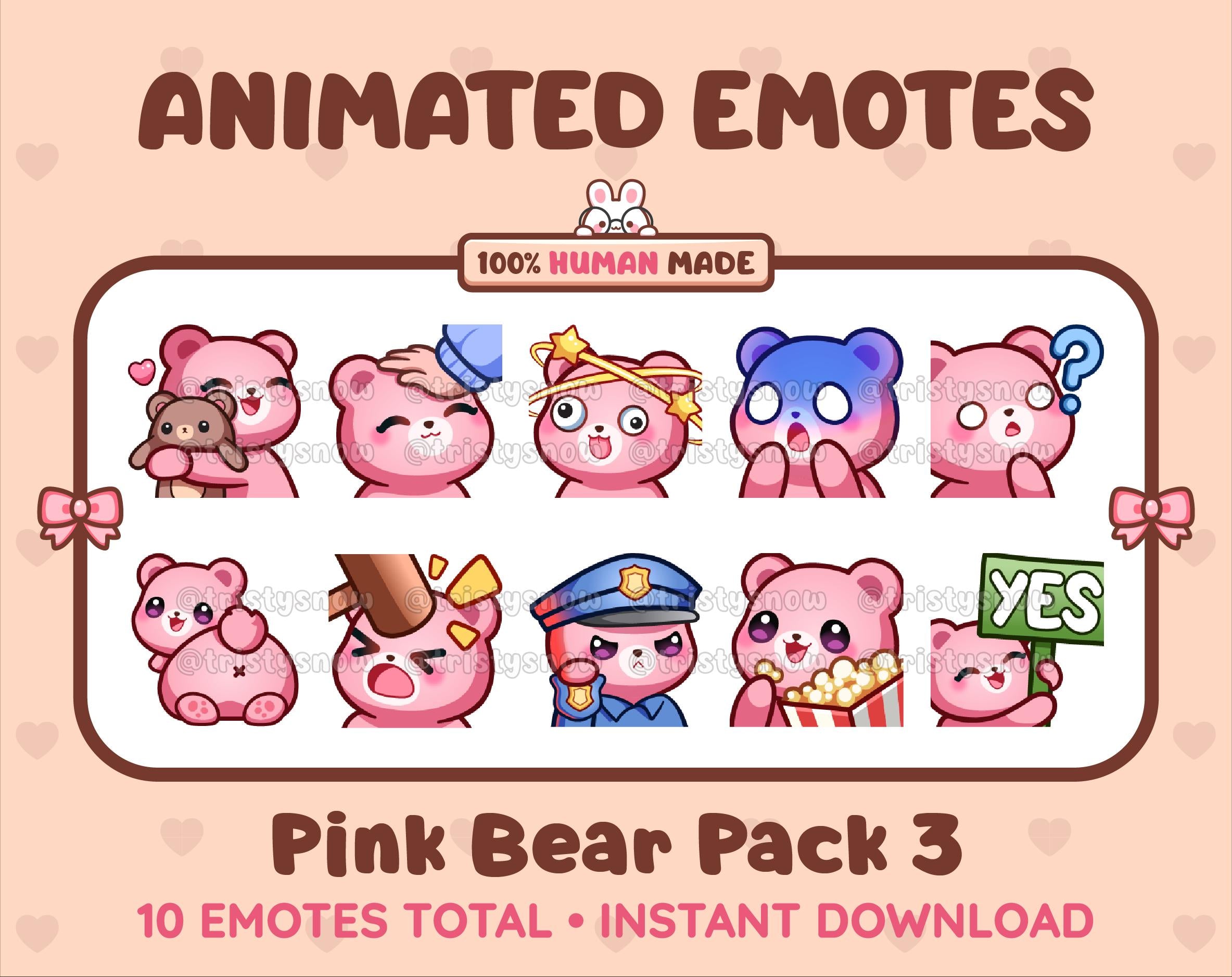 Pink Bear animated Twitch emote pack featuring 10 emotes including hug, scared, bonk, and popcorn.