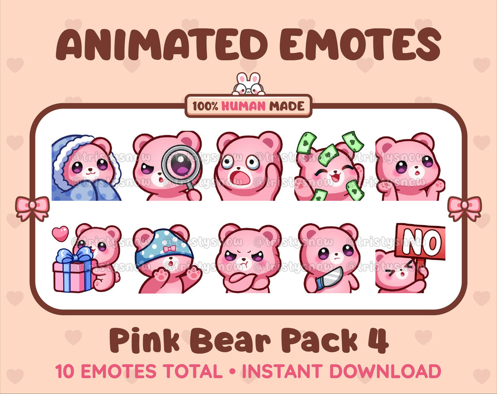 Pink Bear animated Twitch emote pack featuring 10 emotes including cozy, sus, panic, and shrug.