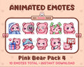 Pink Bear animated Twitch emote pack featuring 10 emotes including cozy, sus, panic, and shrug.