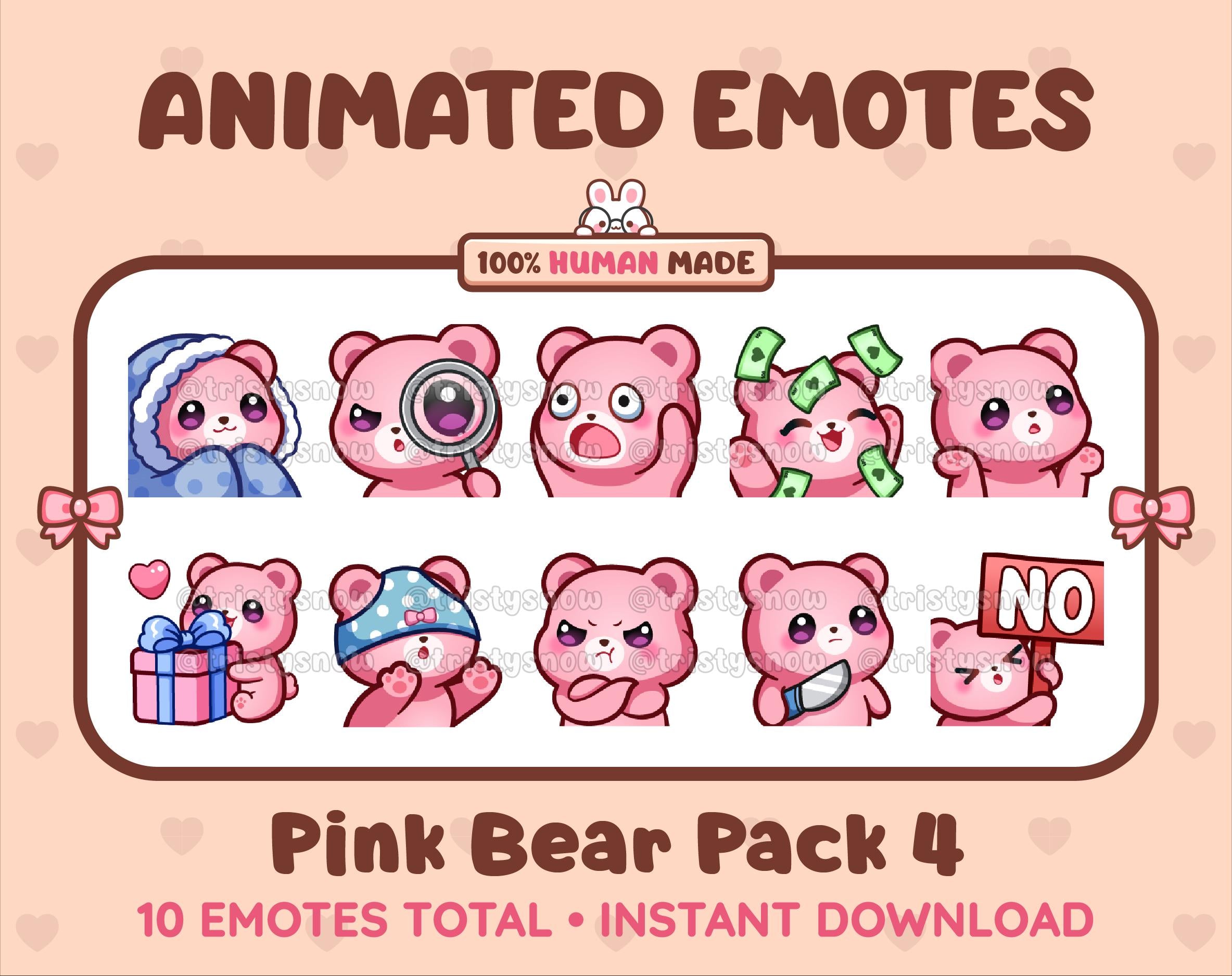 Pink Bear animated Twitch emote pack featuring 10 emotes including cozy, sus, panic, and shrug.