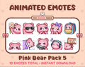 Pink Bear animated Twitch emote pack featuring 10 emotes including flower, cool, plead, and lurk.
