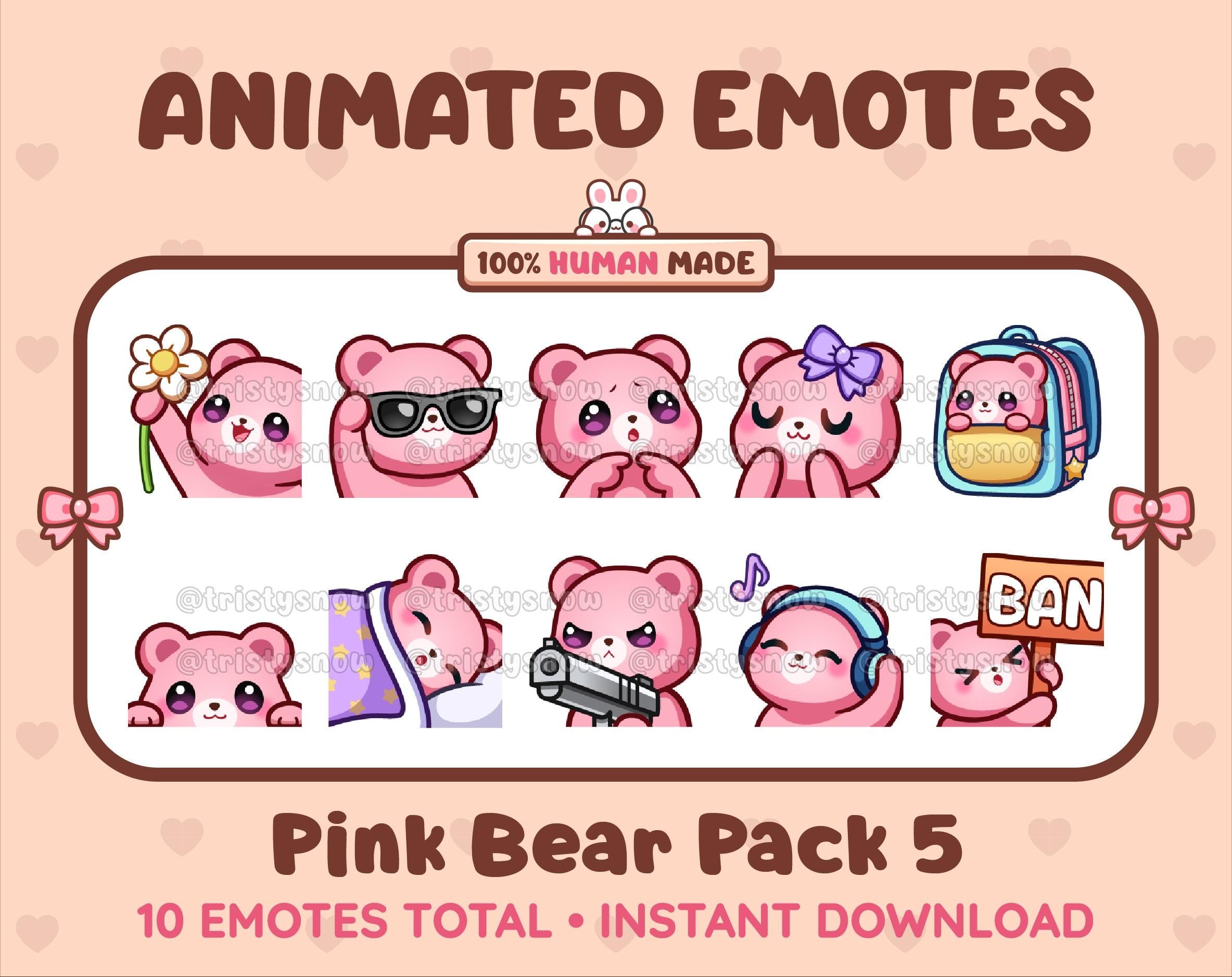 Pink Bear animated Twitch emote pack featuring 10 emotes including flower, cool, plead, and lurk.