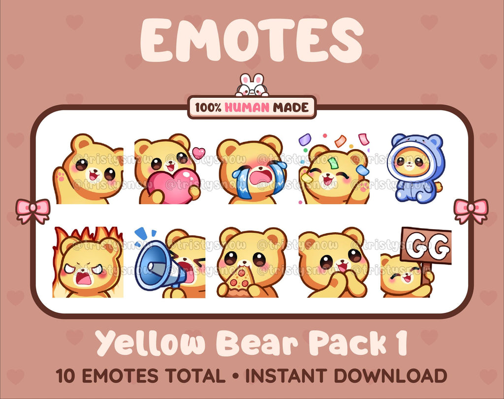 Yellow Bear Twitch emote pack featuring 10 emotes including GG, angry, cry, and hype.