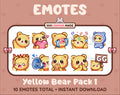 Yellow Bear Twitch emote pack featuring 10 emotes including GG, angry, cry, and hype.
