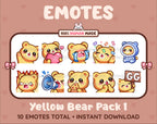 Yellow Bear Twitch emote pack featuring 10 emotes including GG, angry, cry, and hype.