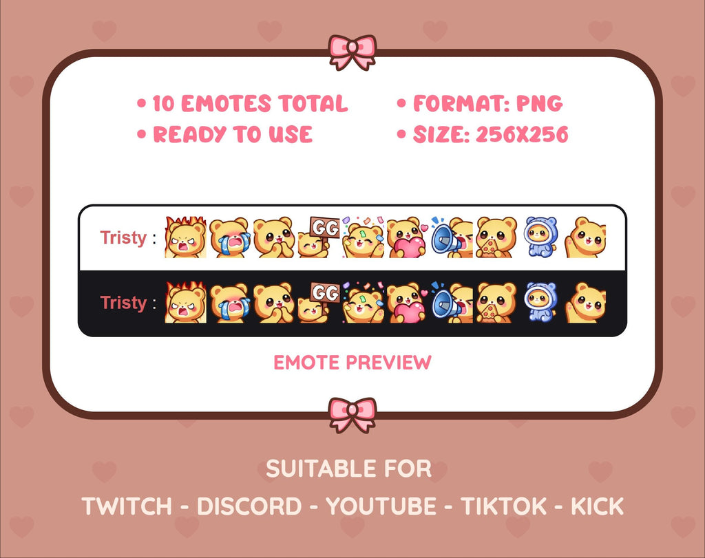 Yellow Bear Twitch emote pack preview displaying all 10 emotes with format and size information.