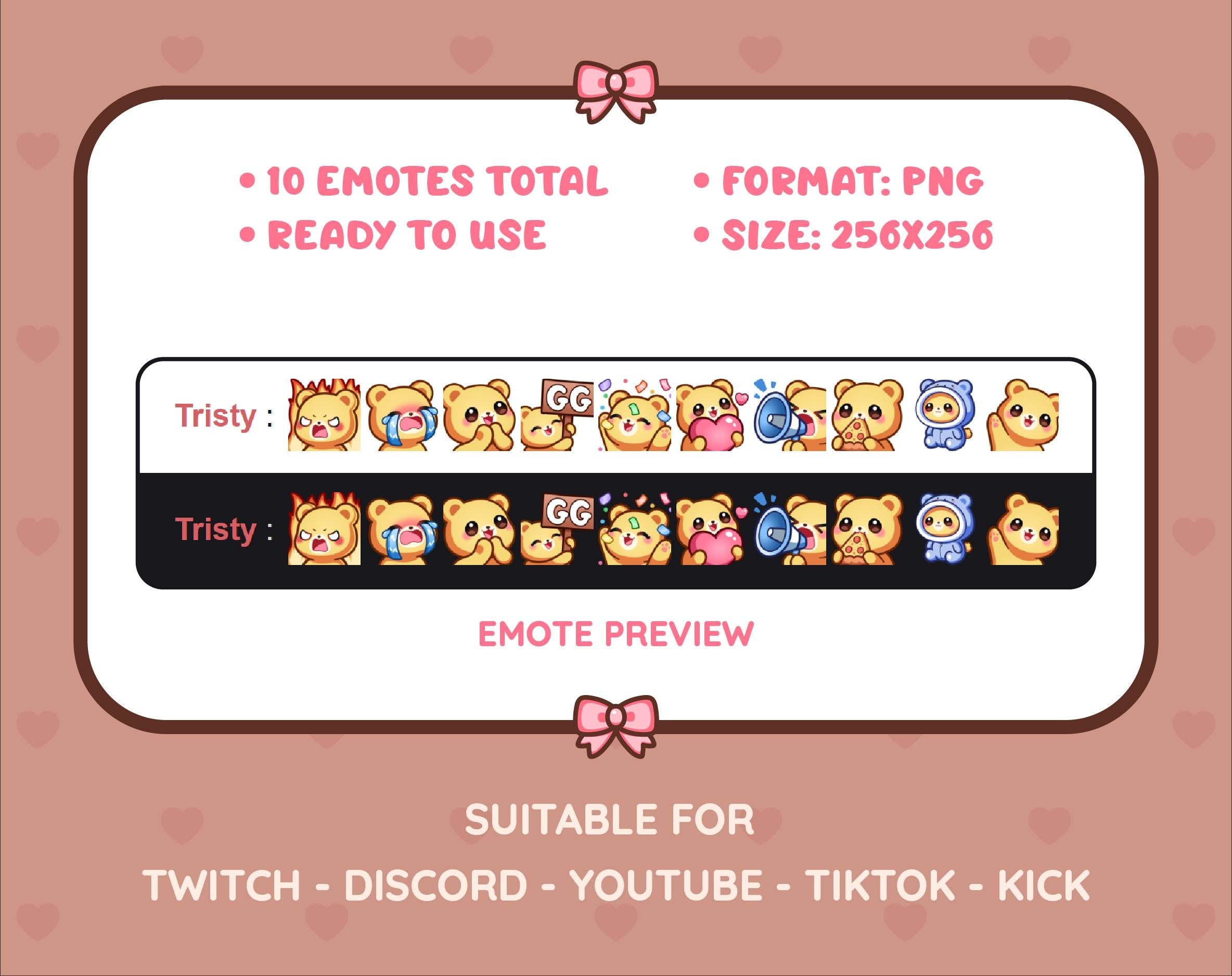 Yellow Bear Twitch emote pack preview displaying all 10 emotes with format and size information.