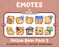 Yellow Bear Twitch emote pack featuring 10 emotes including hug, scared, bonk, and popcorn.