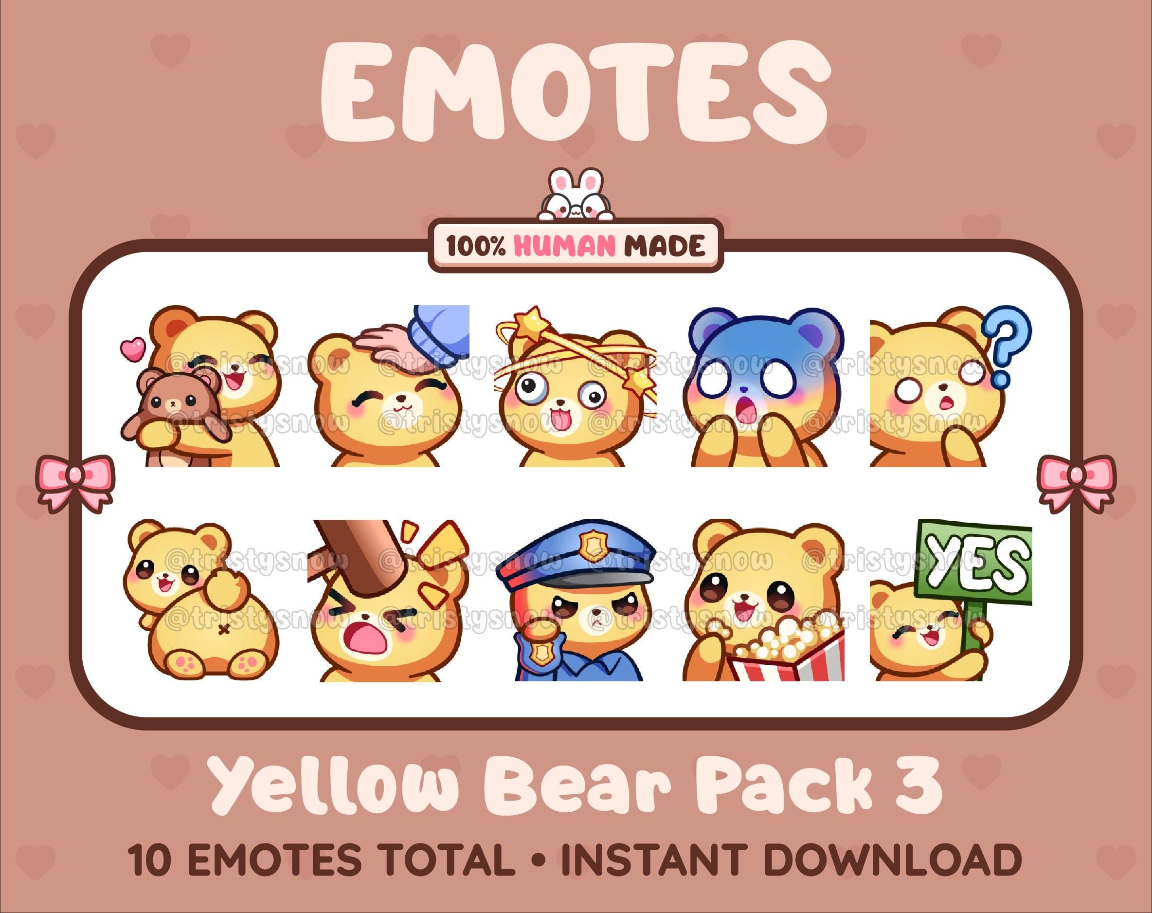 Yellow Bear Twitch emote pack featuring 10 emotes including hug, scared, bonk, and popcorn.