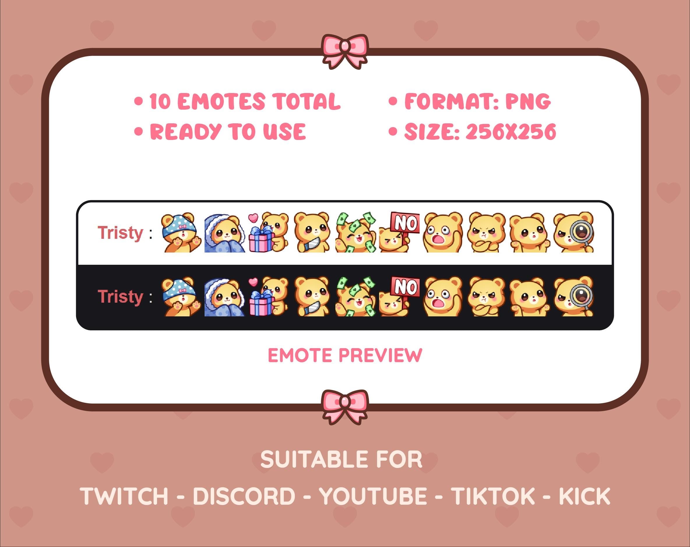 Yellow Bear Twitch emote pack preview displaying all 10 emotes with format and size information.