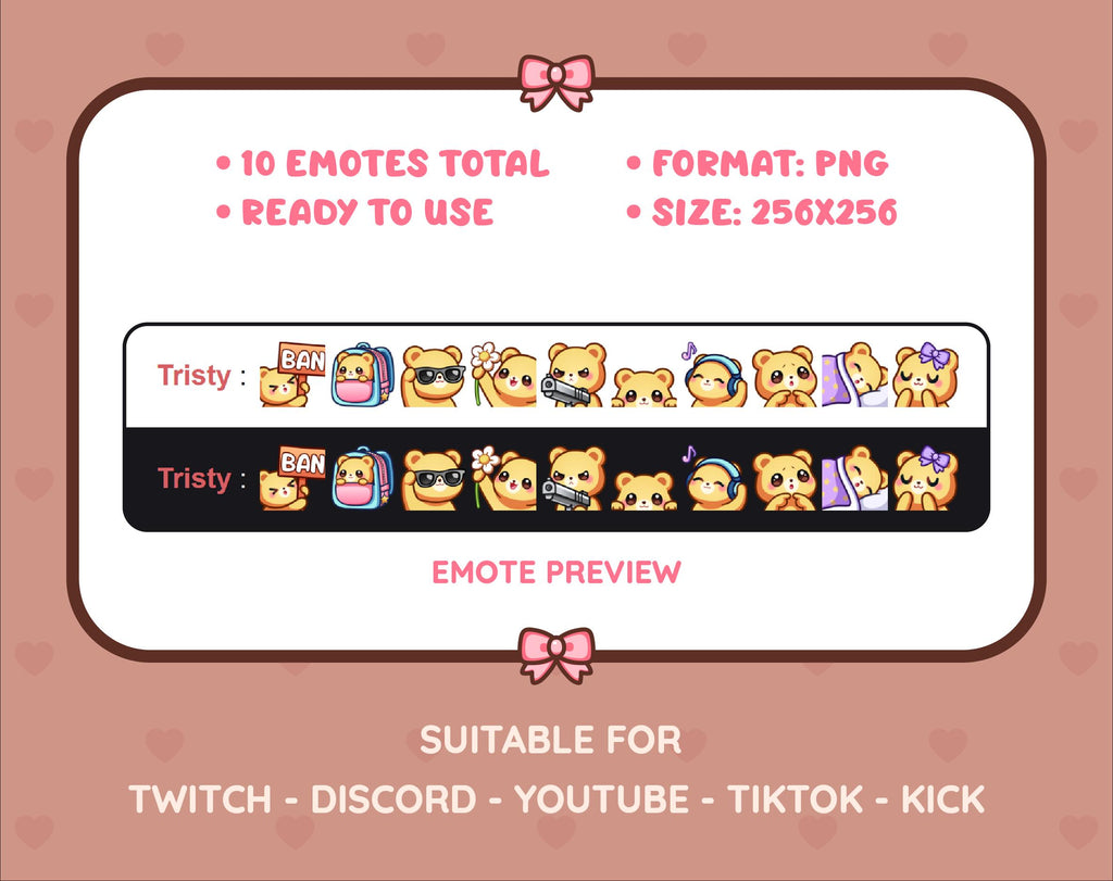 Yellow Bear Twitch emote pack preview displaying all 10 emotes with format and size information.