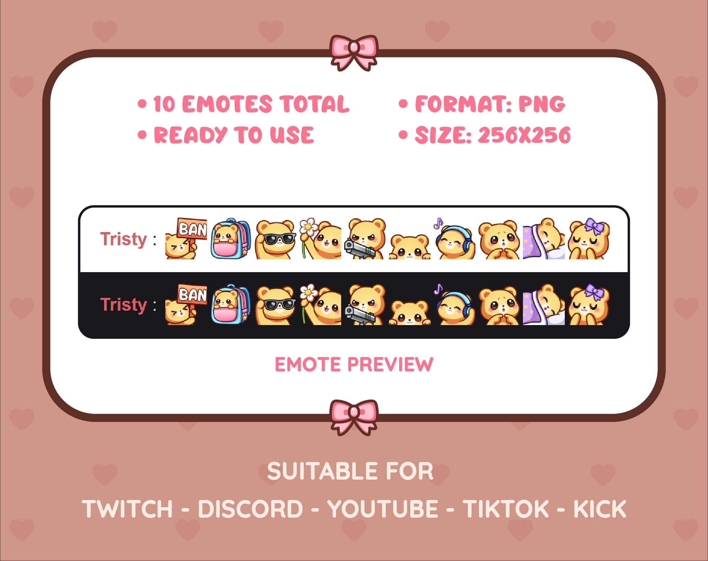 Yellow Bear Twitch emote pack preview displaying all 10 emotes with format and size information.