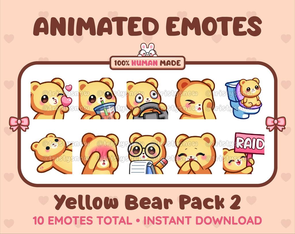 Yellow Bear animated Twitch emote pack featuring 10 emotes including kiss, facepalm, shy, and raid.