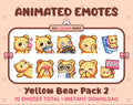 Yellow Bear animated Twitch emote pack featuring 10 emotes including kiss, facepalm, shy, and raid.