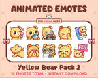 Yellow Bear animated Twitch emote pack featuring 10 emotes including kiss, facepalm, shy, and raid.