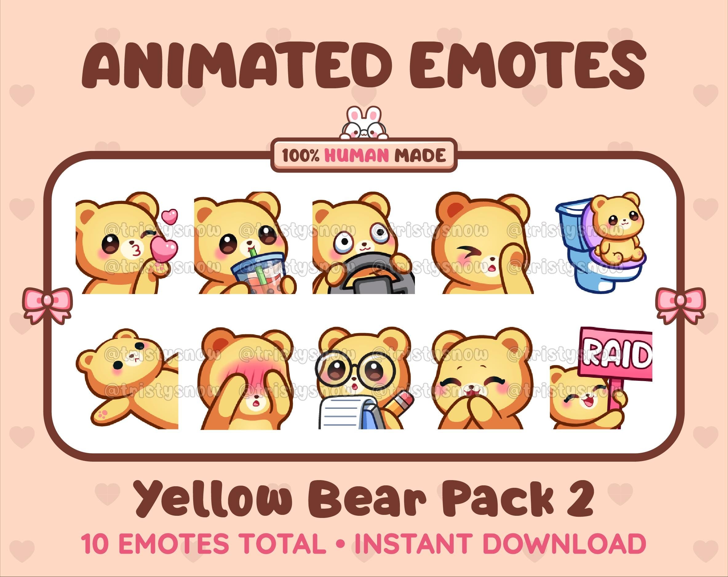 Yellow Bear animated Twitch emote pack featuring 10 emotes including kiss, facepalm, shy, and raid.