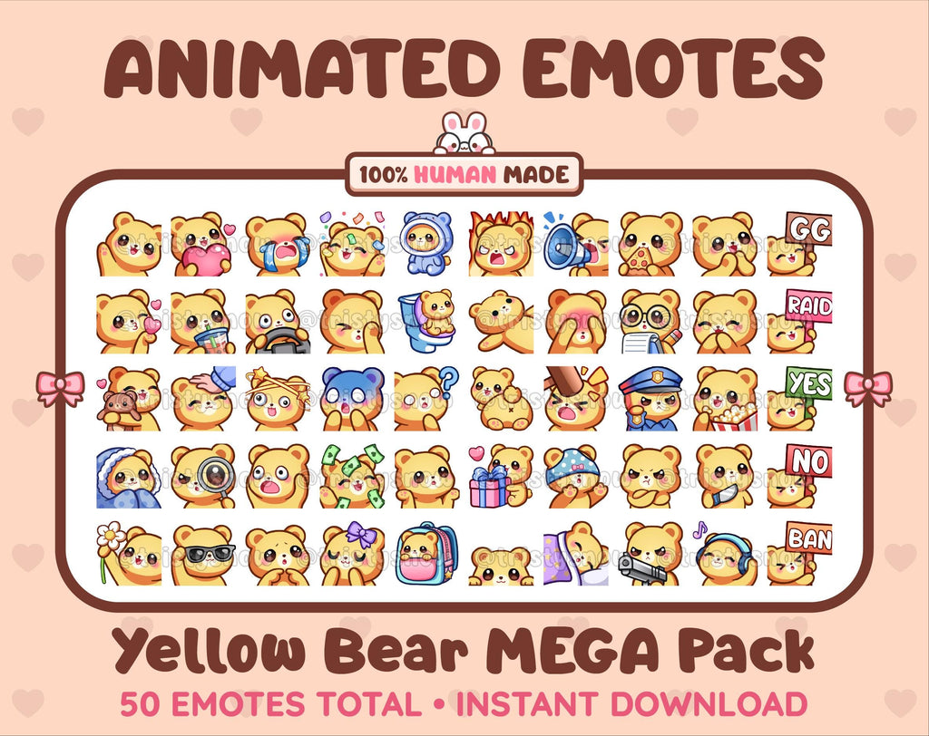 Yellow Bear animated Twitch emote mega pack featuring 50 emotes including hype, kiss, raid, and lurk.