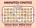Yellow Bear animated Twitch emote mega pack featuring 50 emotes including hype, kiss, raid, and lurk.