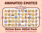 Yellow Bear animated Twitch emote mega pack featuring 50 emotes including hype, kiss, raid, and lurk.