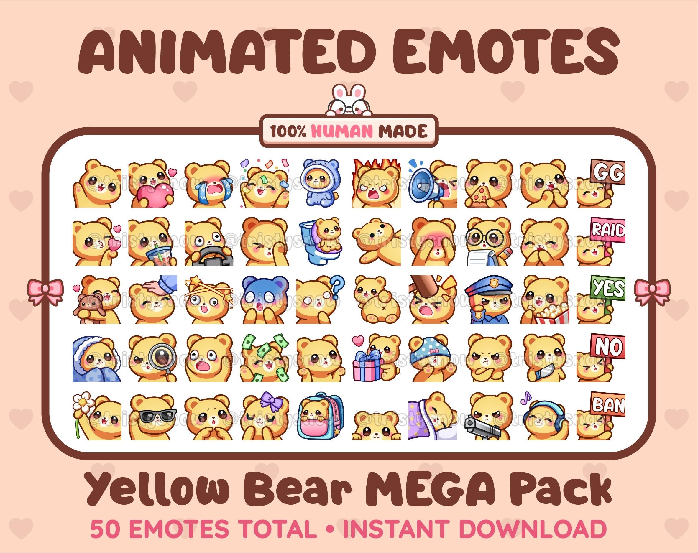 Yellow Bear animated Twitch emote mega pack featuring 50 emotes including hype, kiss, raid, and lurk.
