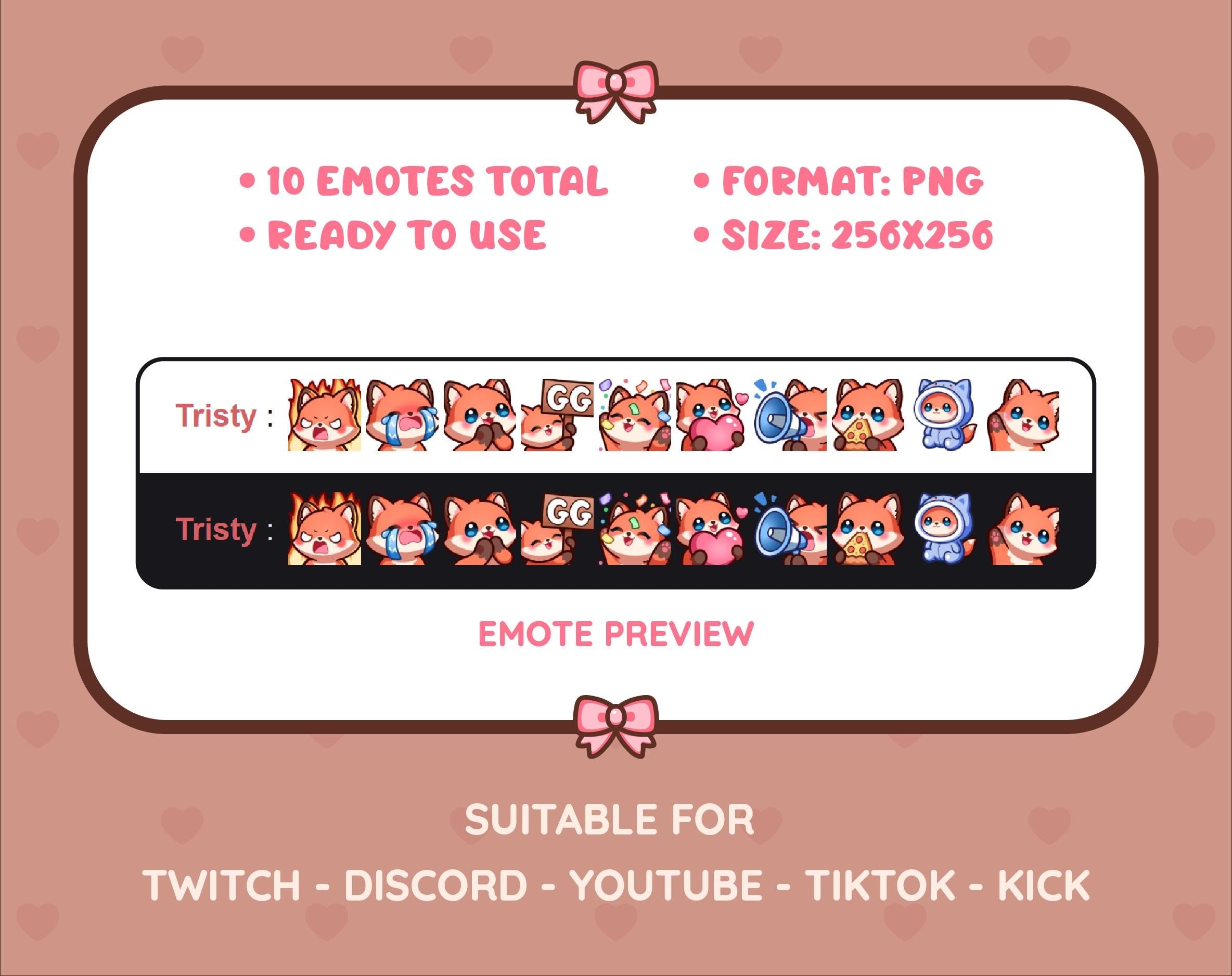 Red Fox Twitch emote pack preview displaying all 10 emotes with format and size information.