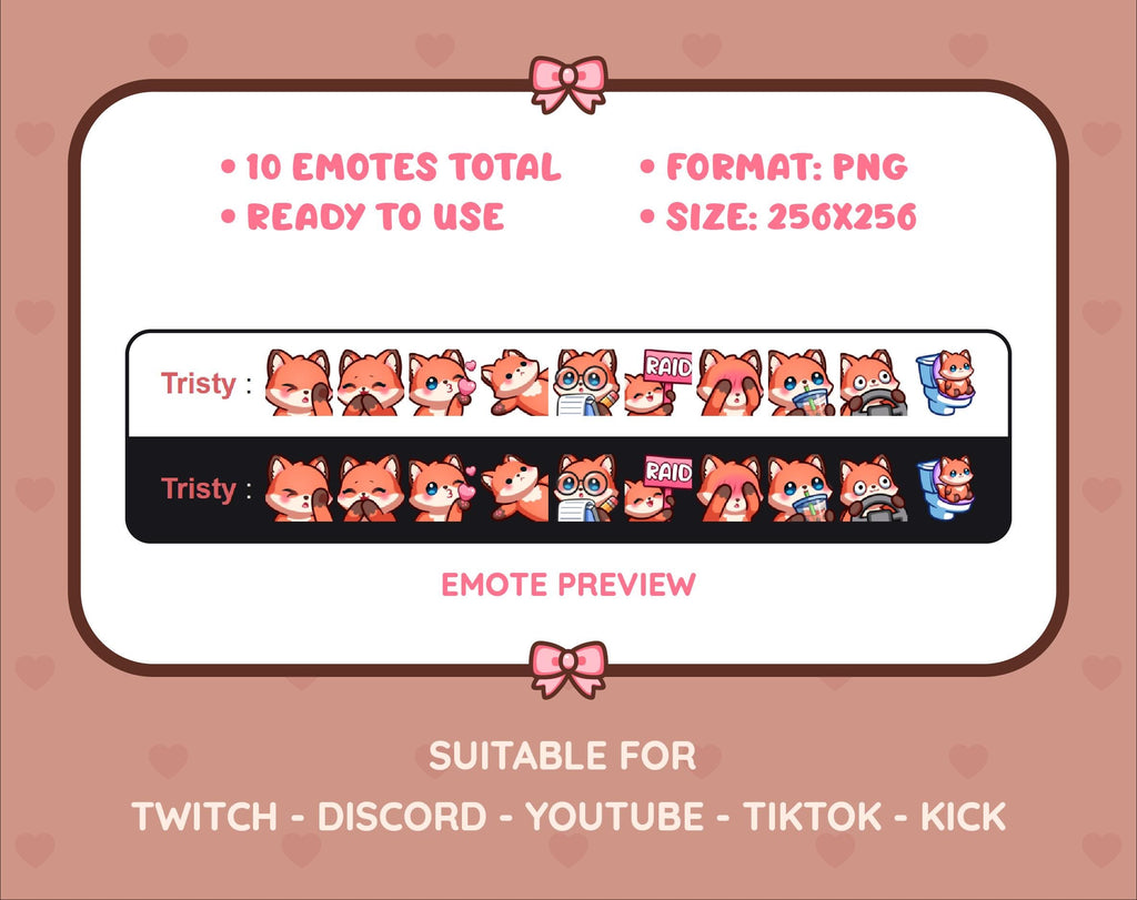 Red Fox Twitch emote pack preview displaying all 10 emotes with format and size information.