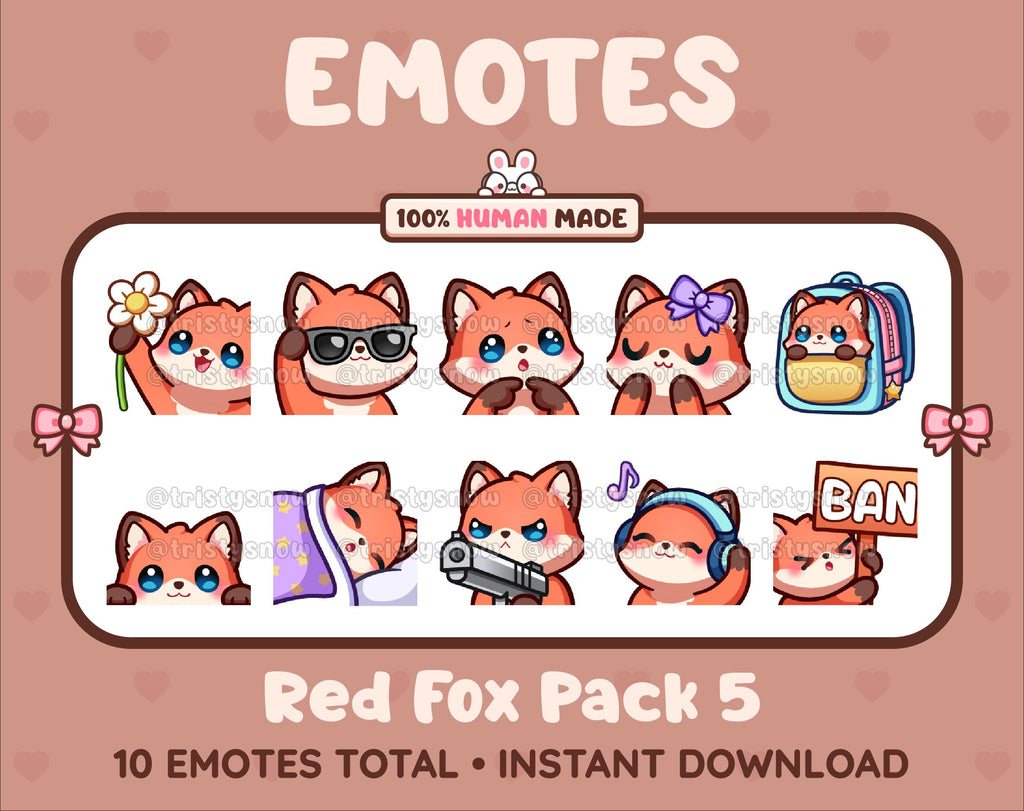 Red Fox Twitch emote pack featuring 10 emotes including flower, cool, plead, and lurk.