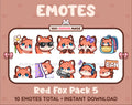Red Fox Twitch emote pack featuring 10 emotes including flower, cool, plead, and lurk.