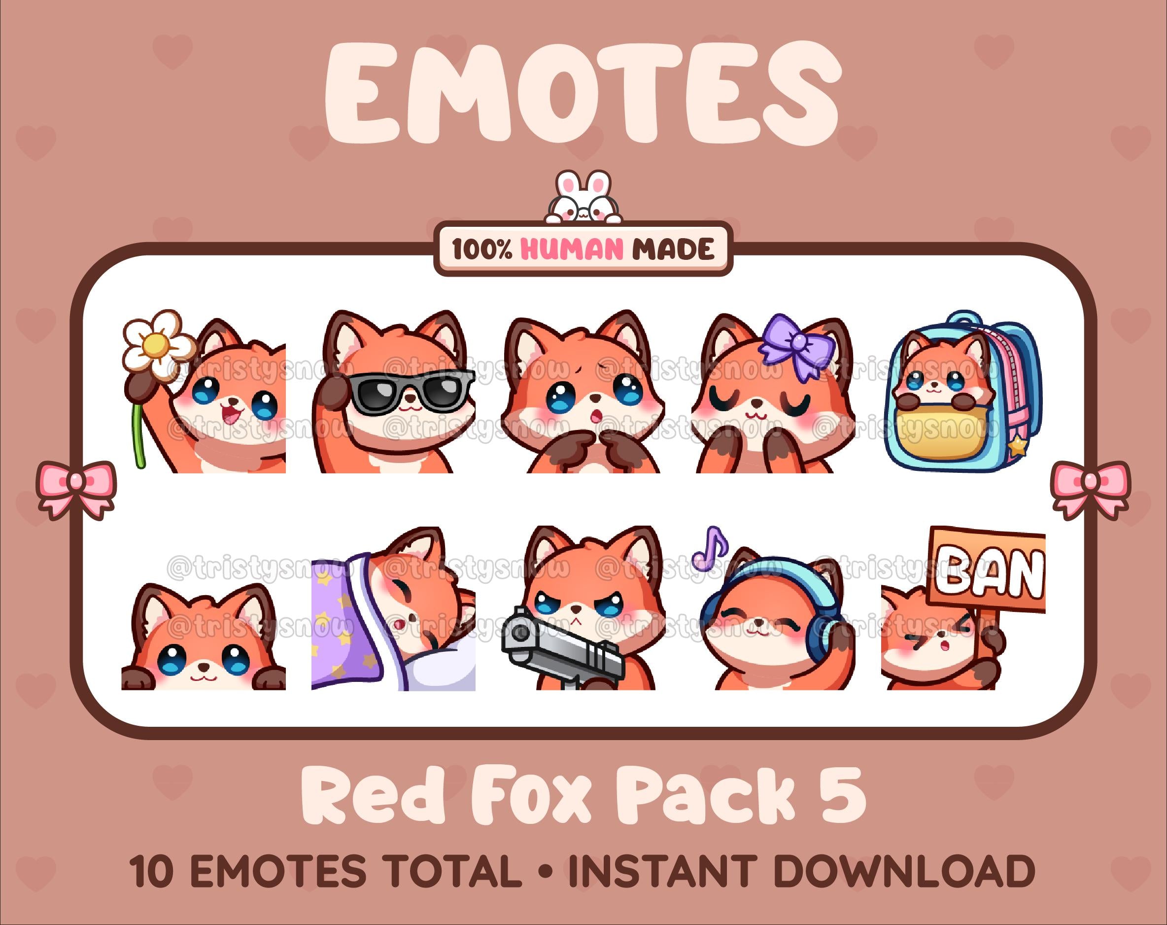 Red Fox Twitch emote pack featuring 10 emotes including flower, cool, plead, and lurk.