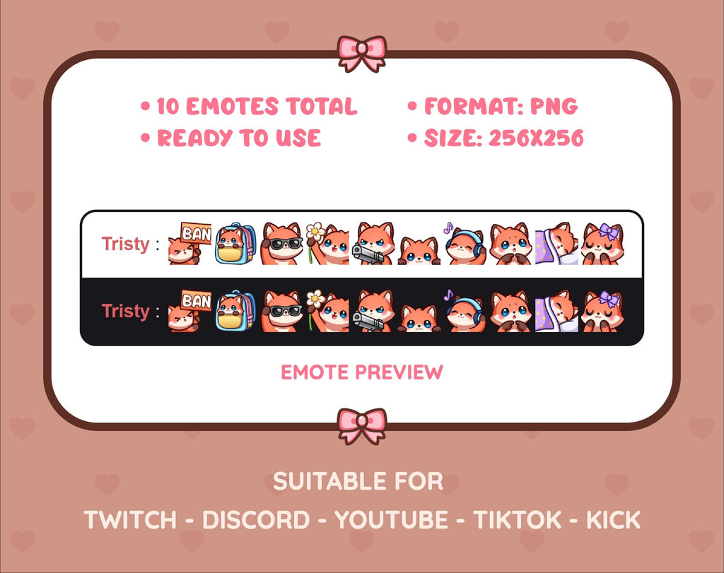 Red Fox Twitch emote pack preview displaying all 10 emotes with format and size information.