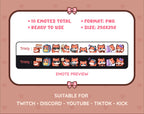 Red Fox Twitch emote pack preview displaying all 10 emotes with format and size information.