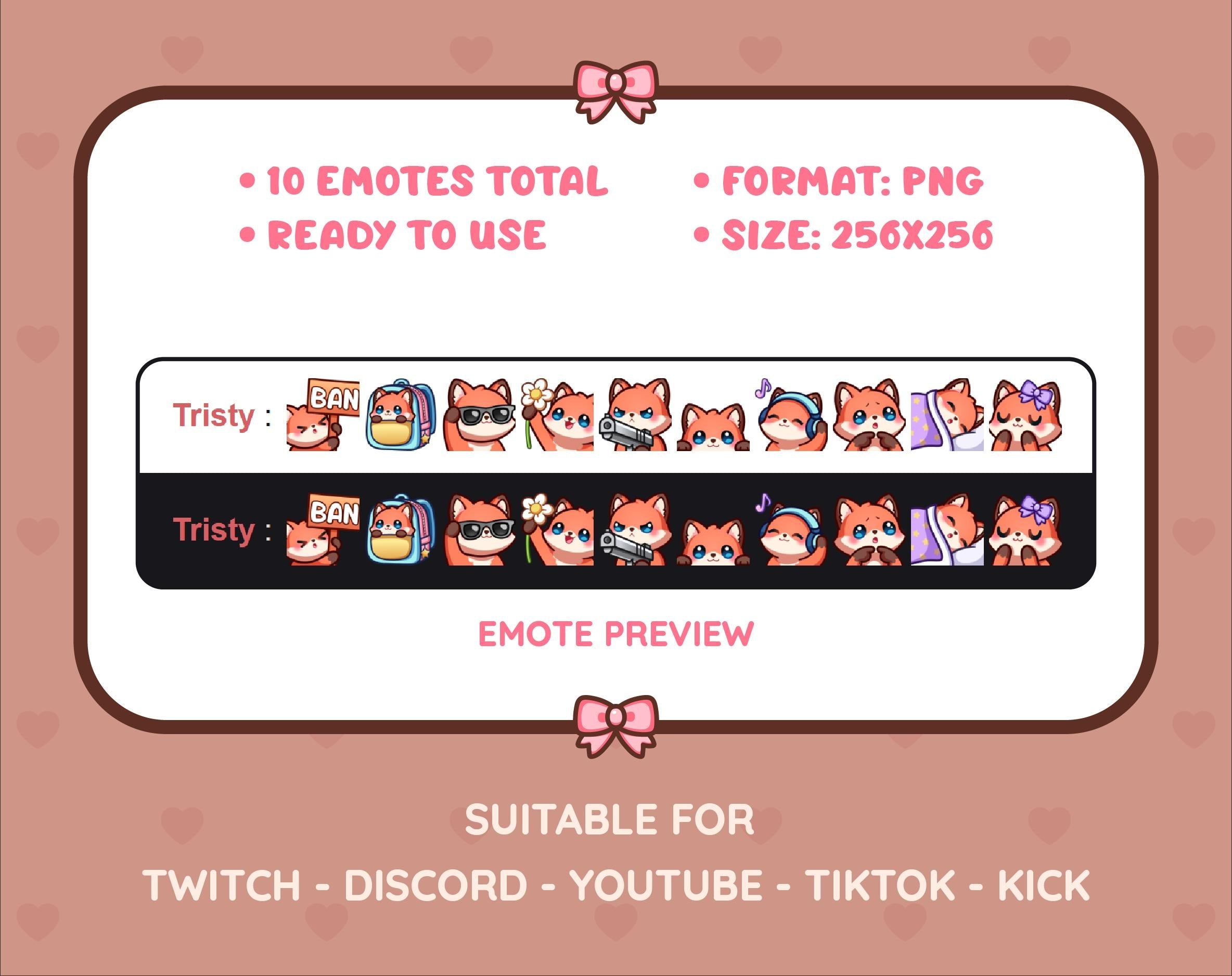 Red Fox Twitch emote pack preview displaying all 10 emotes with format and size information.