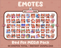 Red Fox Twitch emote mega pack featuring 50 emotes including hype, kiss, raid, and lurk.