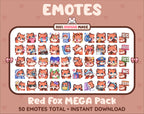 Red Fox Twitch emote mega pack featuring 50 emotes including hype, kiss, raid, and lurk.