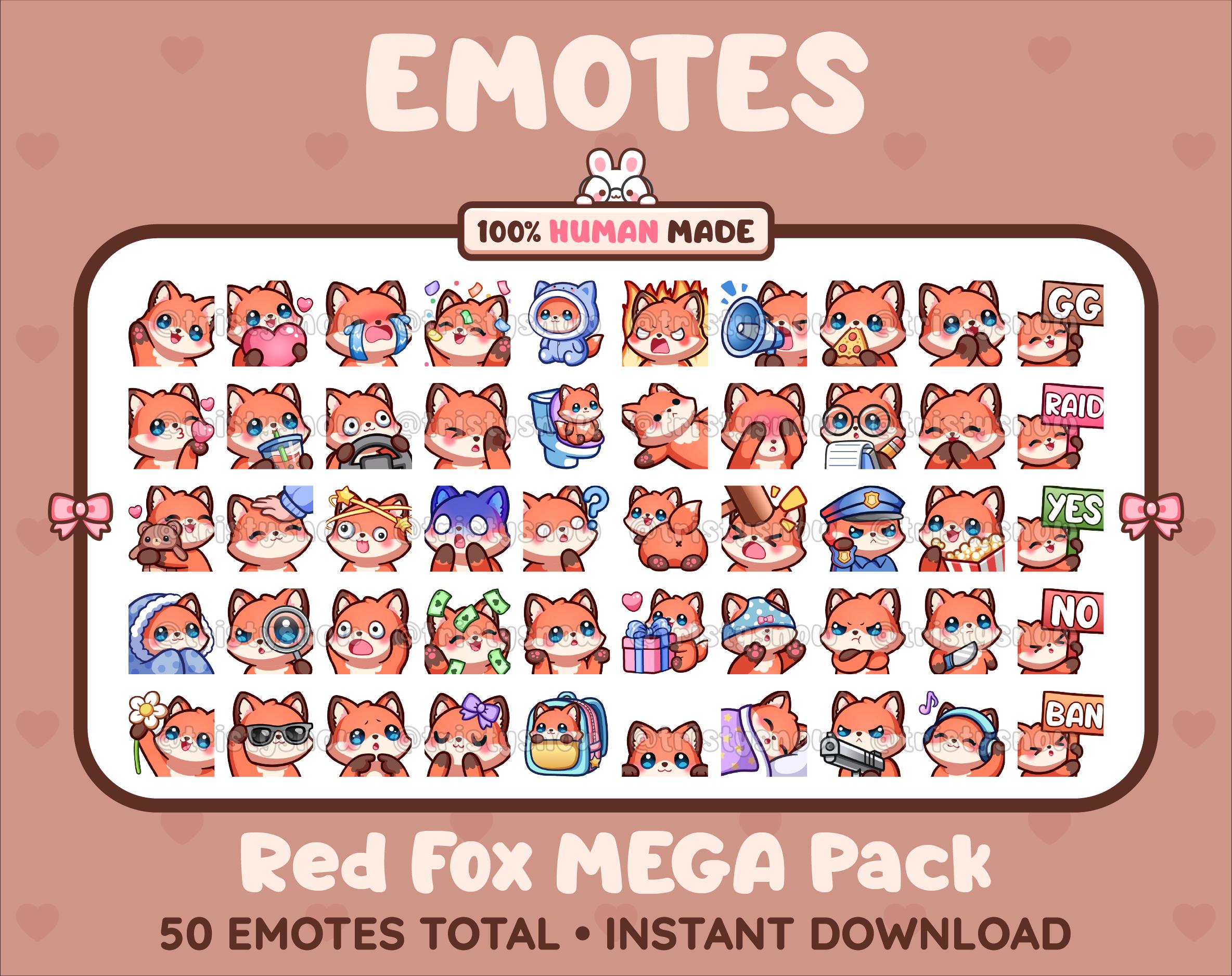 Red Fox Twitch emote mega pack featuring 50 emotes including hype, kiss, raid, and lurk.