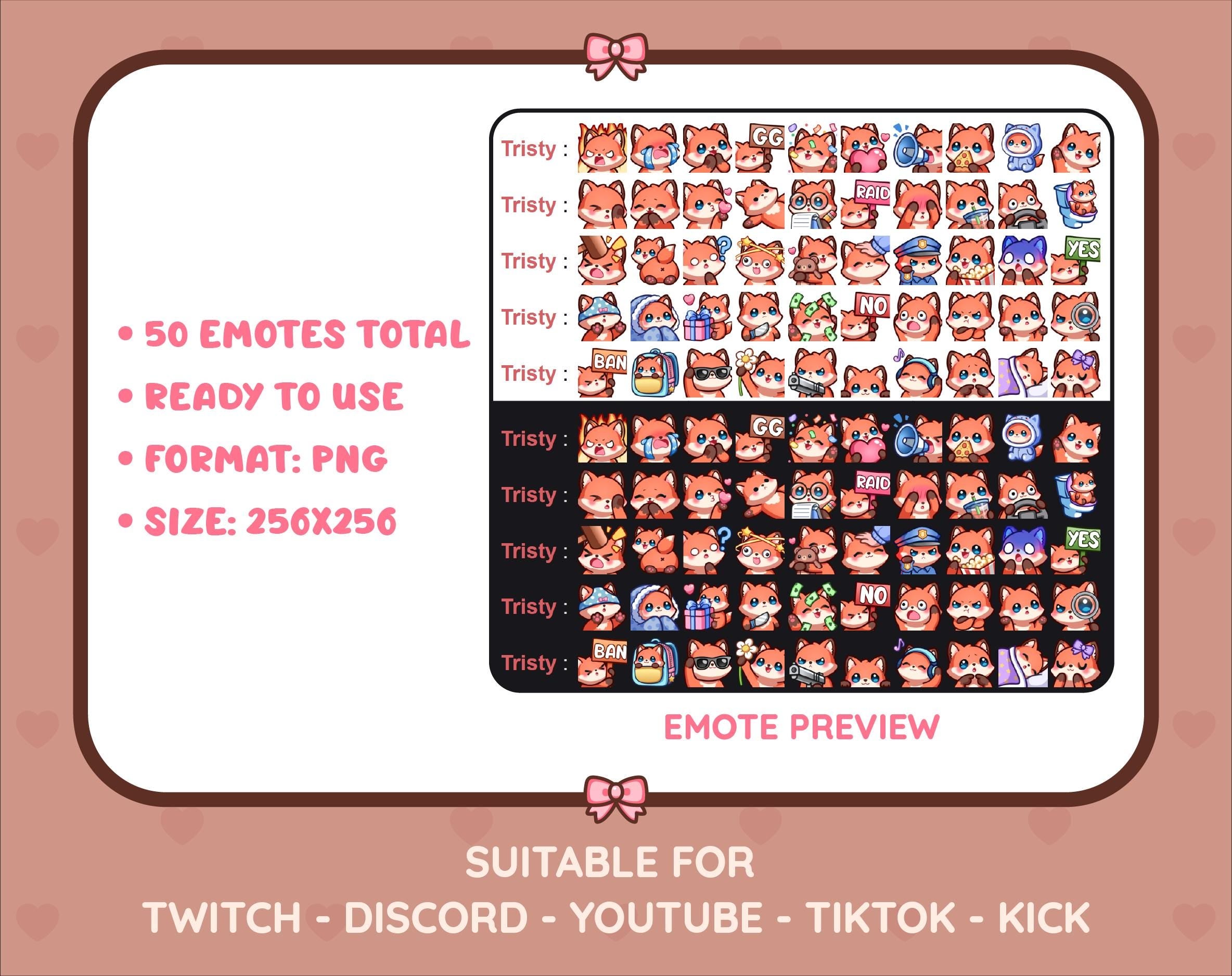 Red Fox Twitch emote mega pack preview displaying all 50 emotes with format and size information.