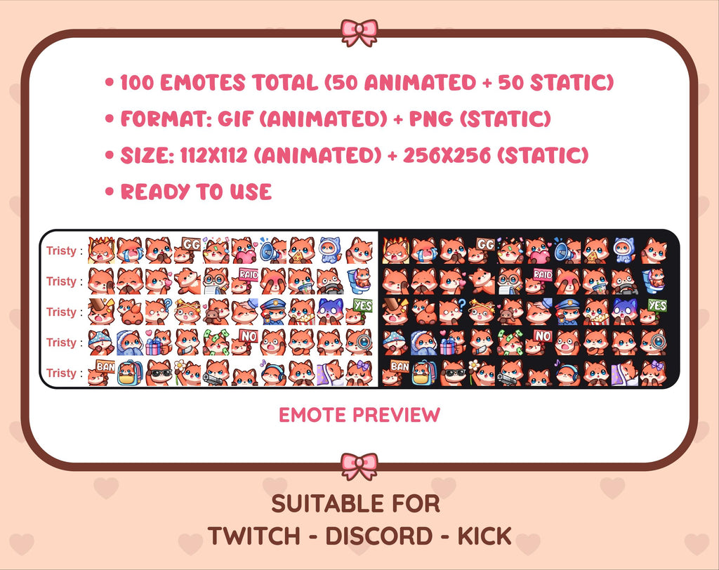 Red Fox animated Twitch emote mega pack preview displaying all 50 emotes with format and size information.