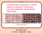 Red Fox animated Twitch emote mega pack preview displaying all 50 emotes with format and size information.