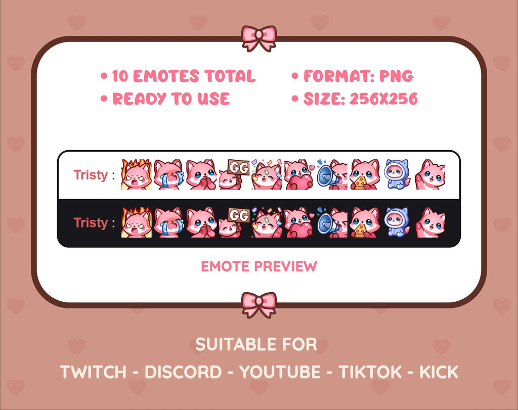 Pink Fox Twitch emote pack preview displaying all 10 emotes with format and size information.