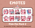 Pink Fox Twitch emote pack featuring 10 emotes including kiss, facepalm, shy, and raid.