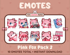 Pink Fox Twitch emote pack featuring 10 emotes including kiss, facepalm, shy, and raid.