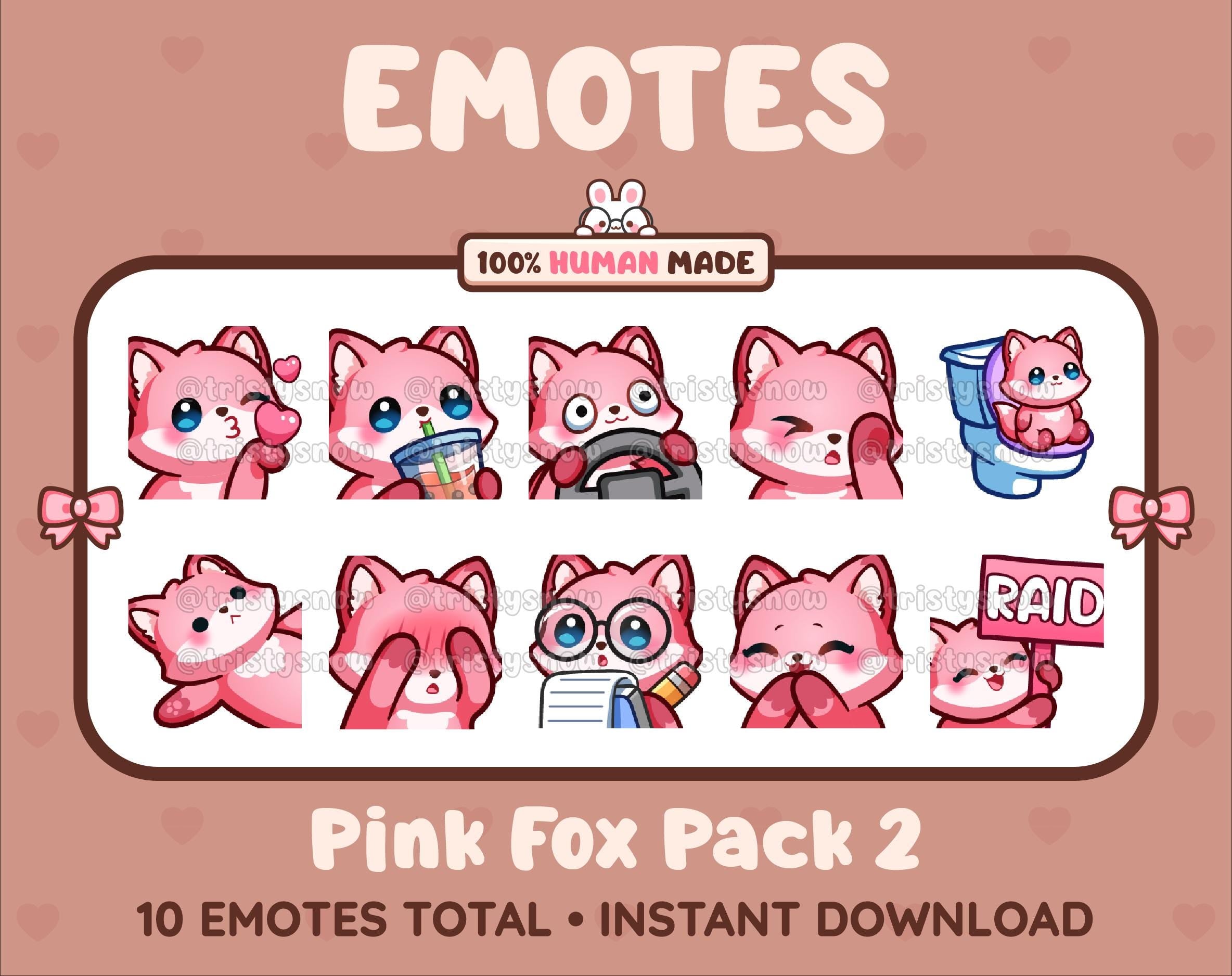 Pink Fox Twitch emote pack featuring 10 emotes including kiss, facepalm, shy, and raid.