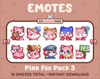 Pink Fox Twitch emote pack featuring 10 emotes including hug, scared, bonk, and popcorn.