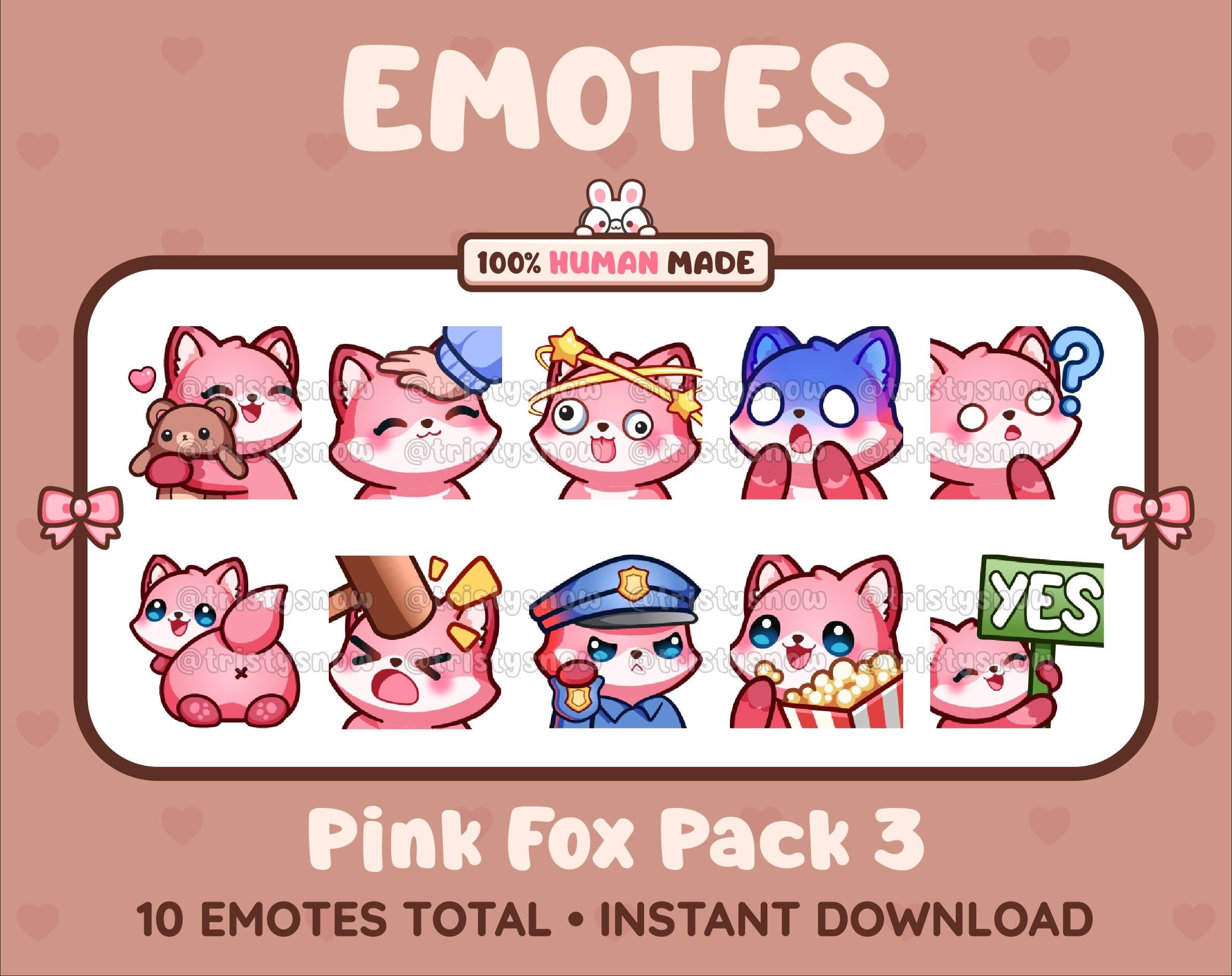 Pink Fox Twitch emote pack featuring 10 emotes including hug, scared, bonk, and popcorn.