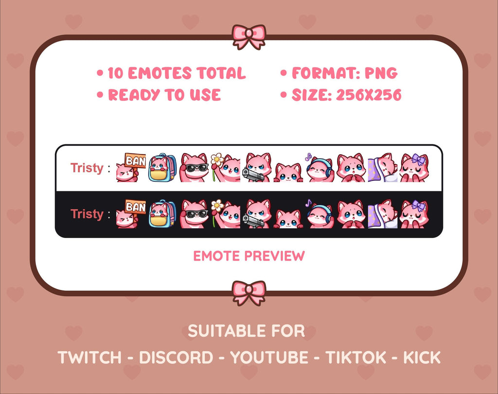 Pink Fox Twitch emote pack preview displaying all 10 emotes with format and size information.