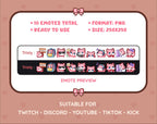 Pink Fox Twitch emote pack preview displaying all 10 emotes with format and size information.