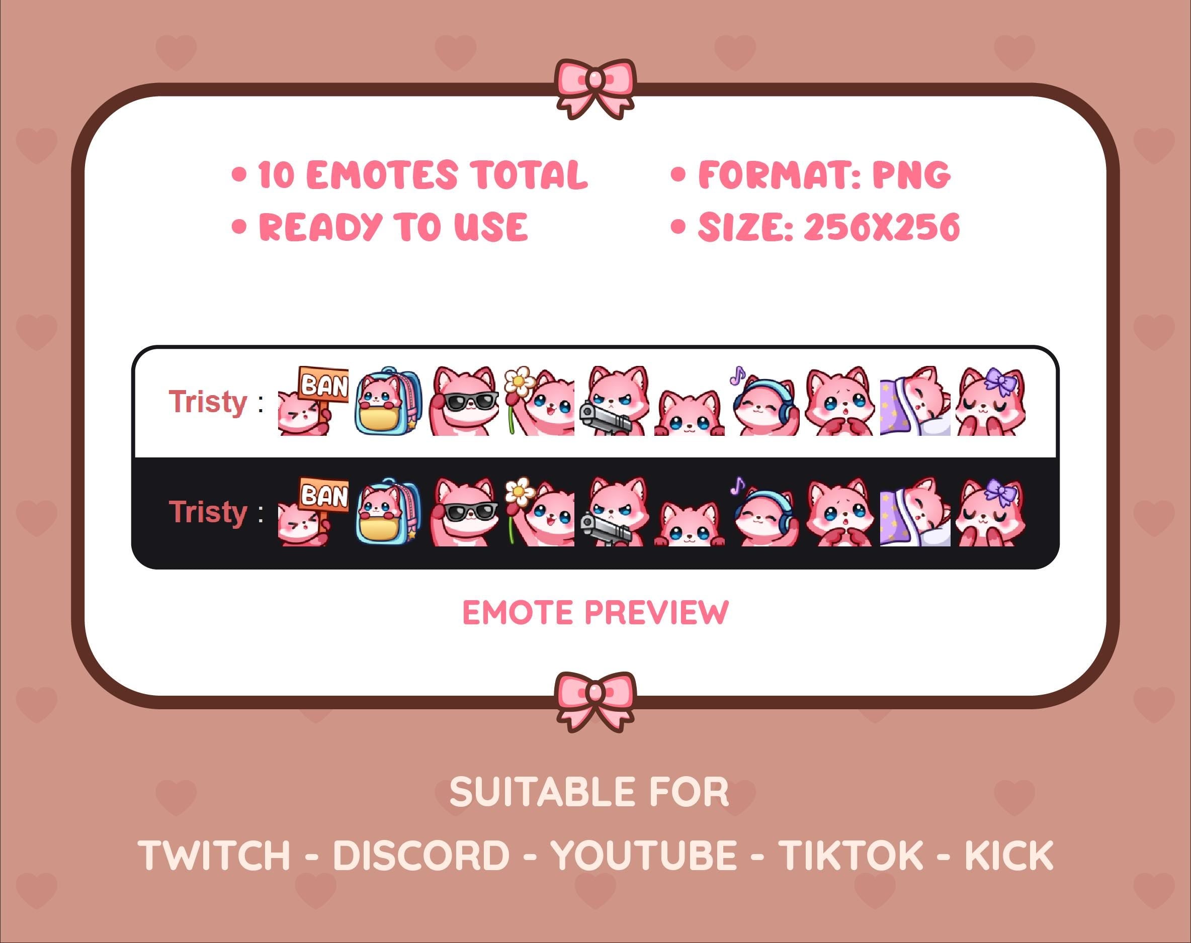 Pink Fox Twitch emote pack preview displaying all 10 emotes with format and size information.