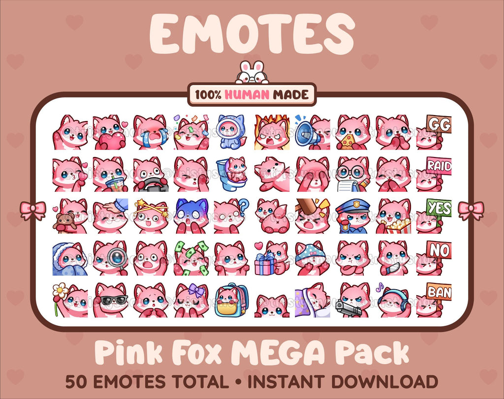 Pink Fox Twitch emote mega pack featuring 50 emotes including hype, kiss, raid, and lurk.