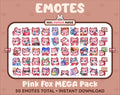 Pink Fox Twitch emote mega pack featuring 50 emotes including hype, kiss, raid, and lurk.