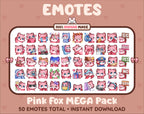 Pink Fox Twitch emote mega pack featuring 50 emotes including hype, kiss, raid, and lurk.